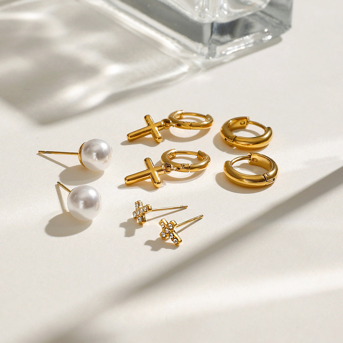 Elena Lustre of Faith – Pearl & Cross 4-Pair Earring Set