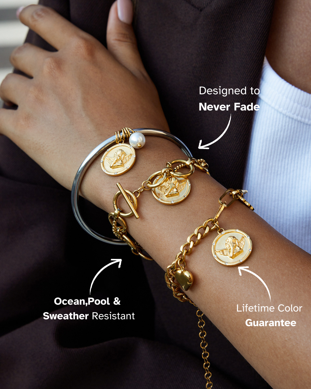 Elena Golden Angel Medallion & Pearl Bangle Bracelet