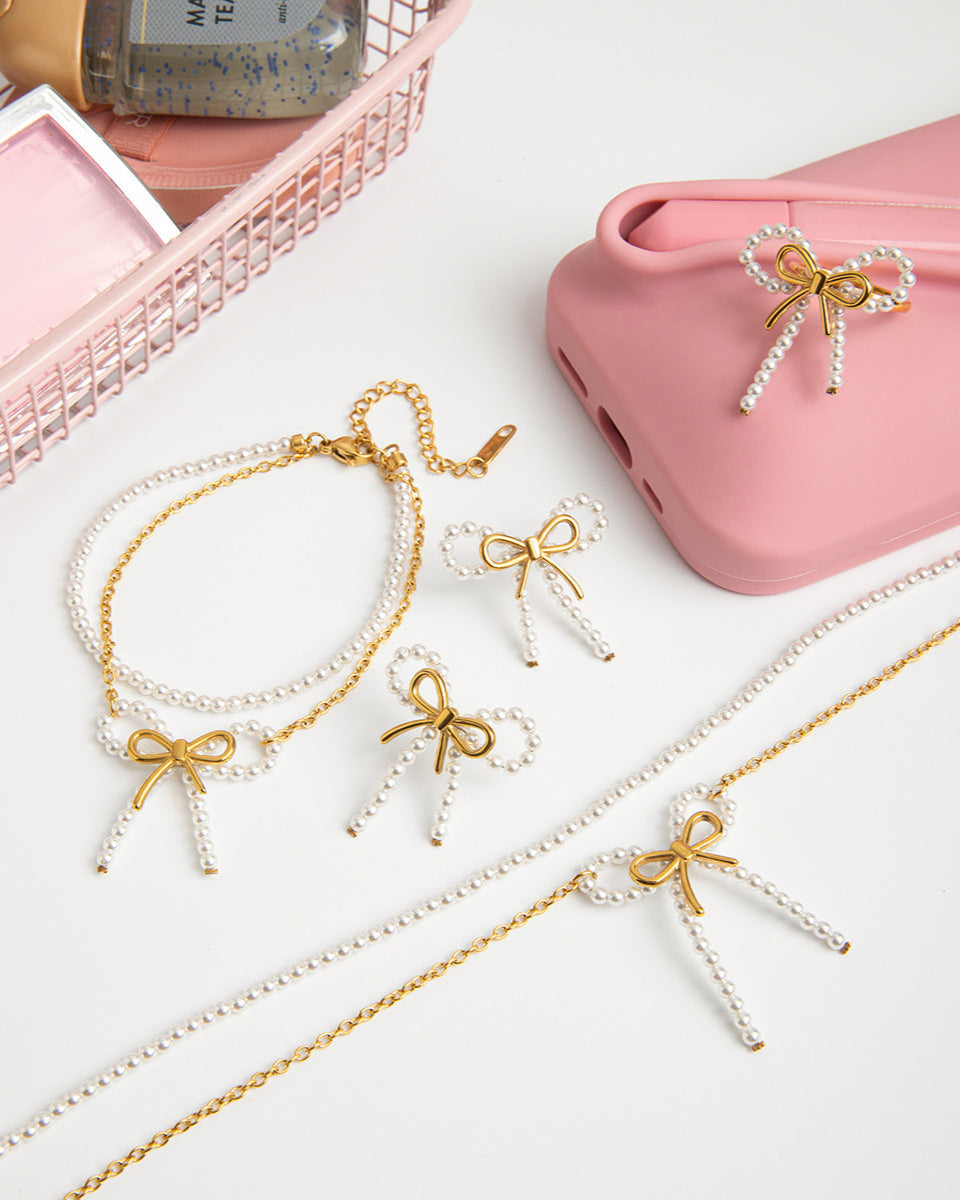 Elena Pearl Bow Layered Bracelet