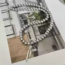 Fashion Bow Pendant Necklace | Grey Pearl Choker