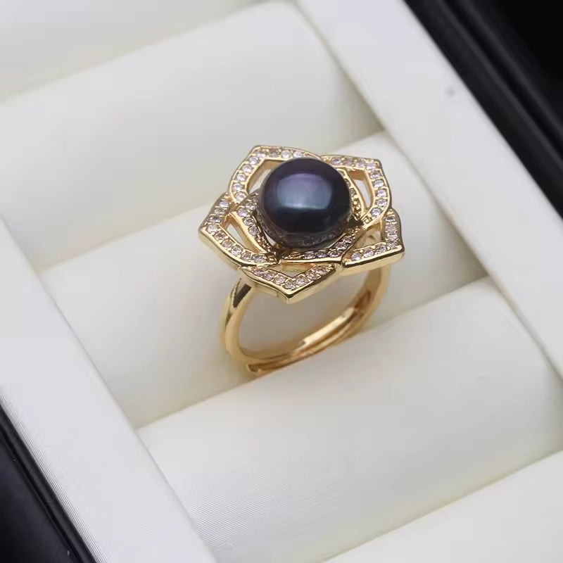 Anillos de perlas naturales de agua dulce reales para mujer, anillos de perlas cultivadas chapadas en oro, regalo de cumpleaños ajustable para madre, blanco y negro