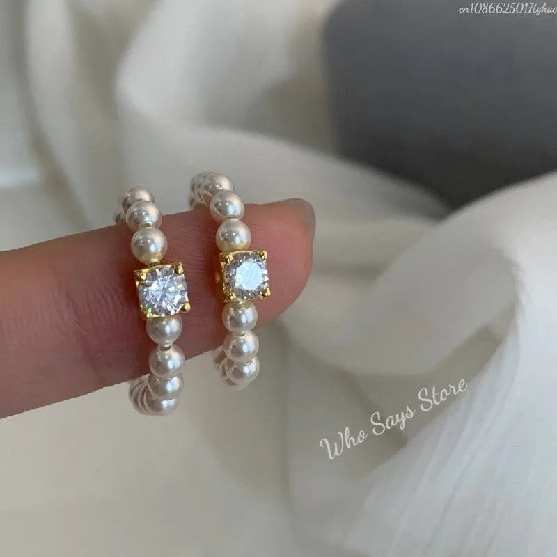 Anillos de perlas de imitación de circón Vintage francés para mujer, elegante anillo elástico con cuentas, regalo de joyería de boda para fiesta de lujo