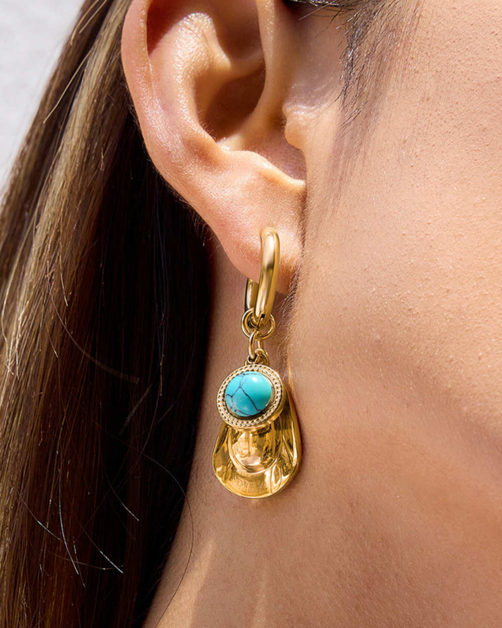 Elena Golden Turquoise & Pearl Charm Hoop Earrings