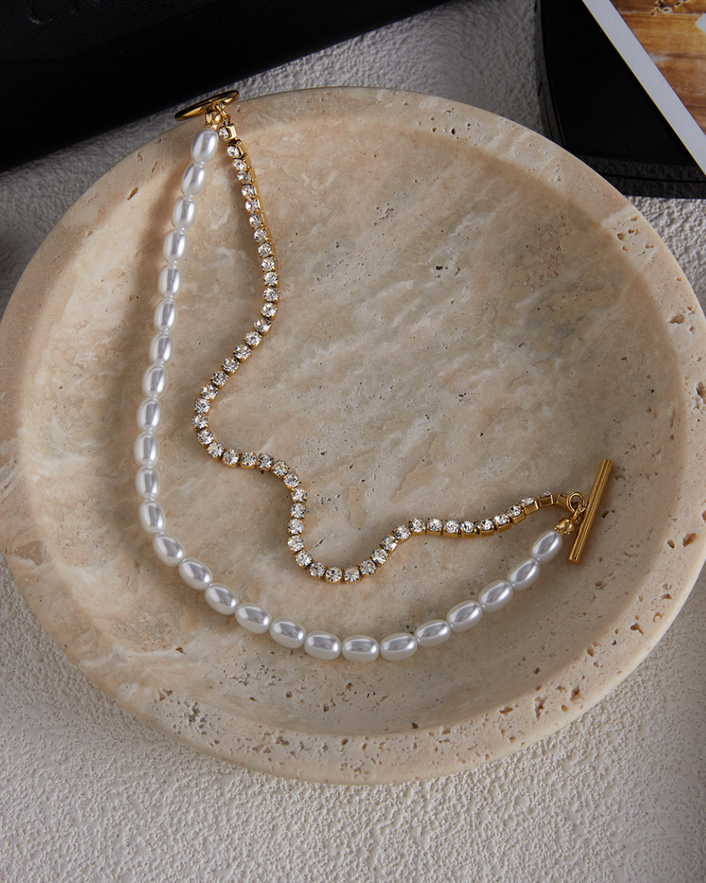 Elena Pearl & Crystal Dual Strand Toggle Bracelet