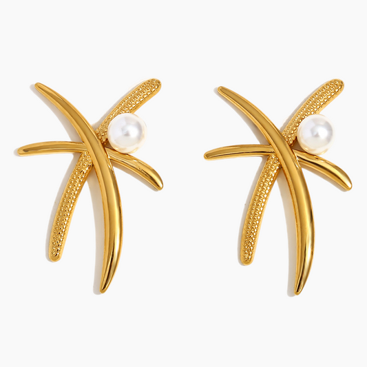Elena Golden Palm Tree Pearl Earrings