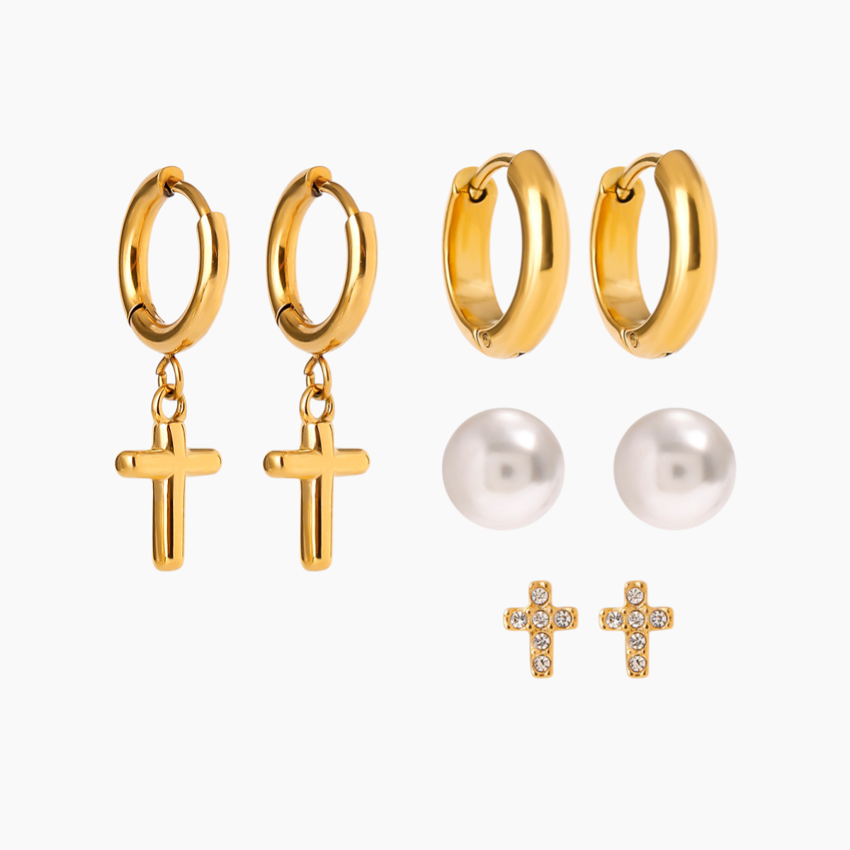 Elena Lustre of Faith – Pearl & Cross 4-Pair Earring Set