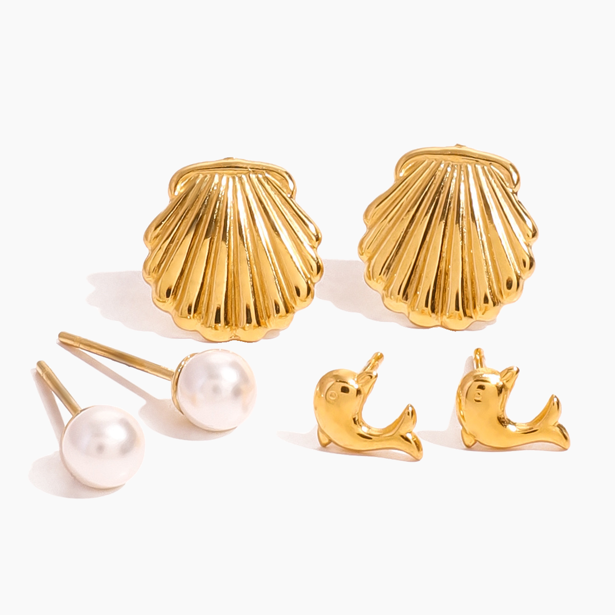 Elena Ocean Melody – Shell, Pearl & Dolphin Trio Earring Set