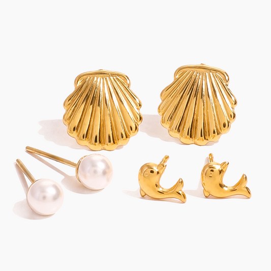 Elena Ocean Melody – Shell, Pearl & Dolphin Trio Earring Set