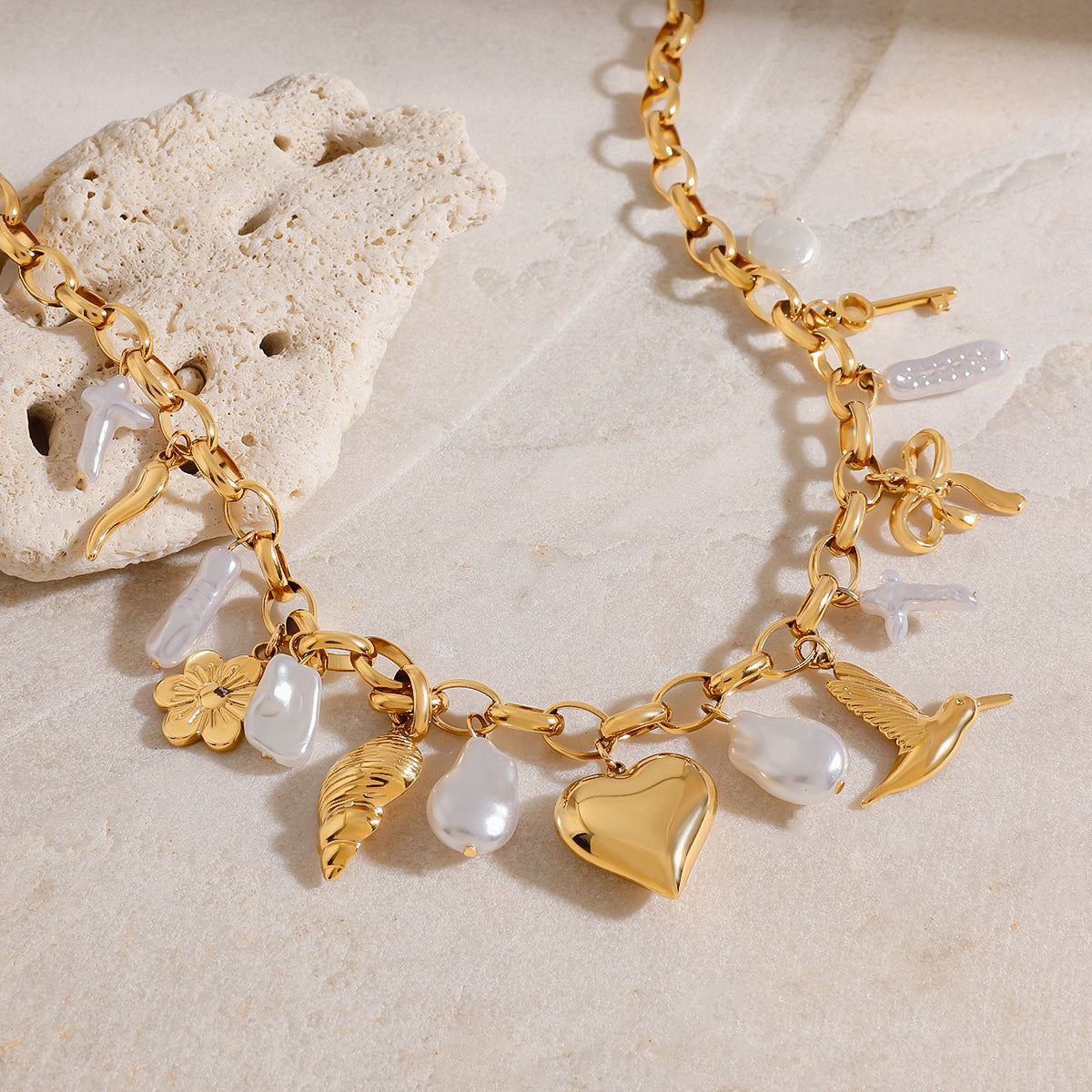 Elena Ocean Heart Pearl Charm Necklace