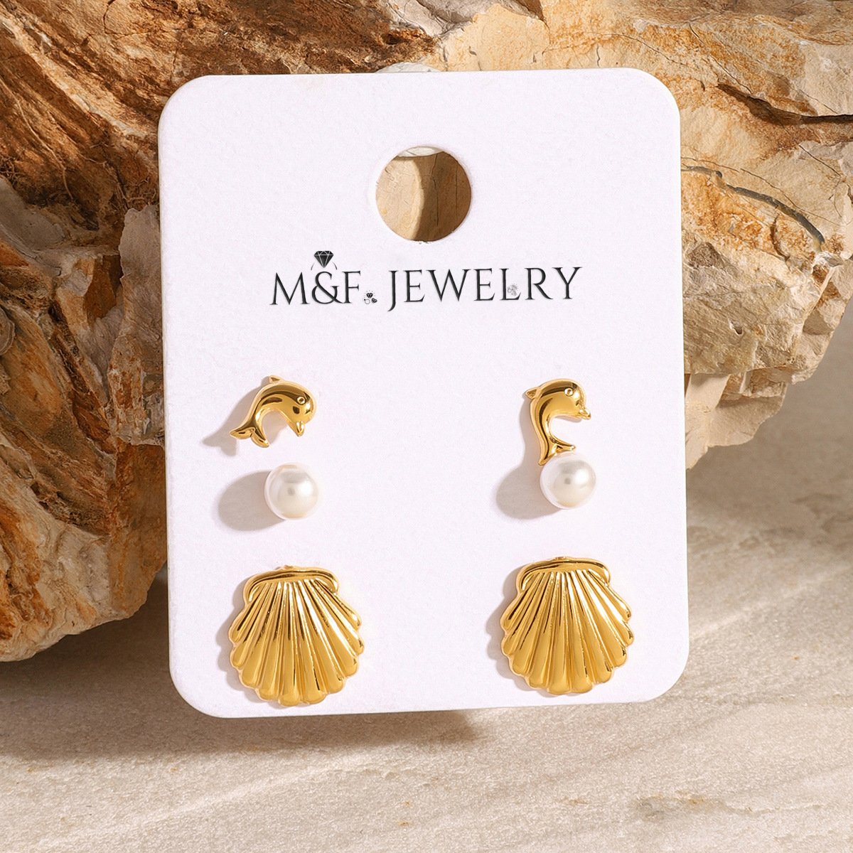 Elena Ocean Melody – Shell, Pearl & Dolphin Trio Earring Set