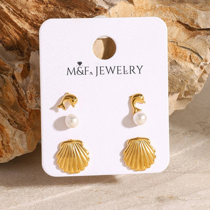 Elena Ocean Melody – Shell, Pearl & Dolphin Trio Earring Set