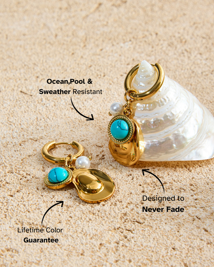 Elena Golden Turquoise & Pearl Charm Hoop Earrings
