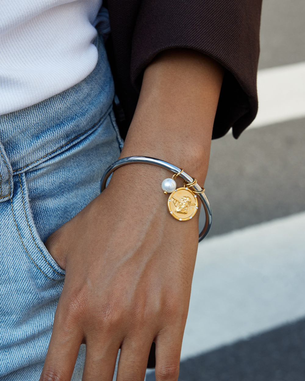 Elena Golden Angel Medallion & Pearl Bangle Bracelet