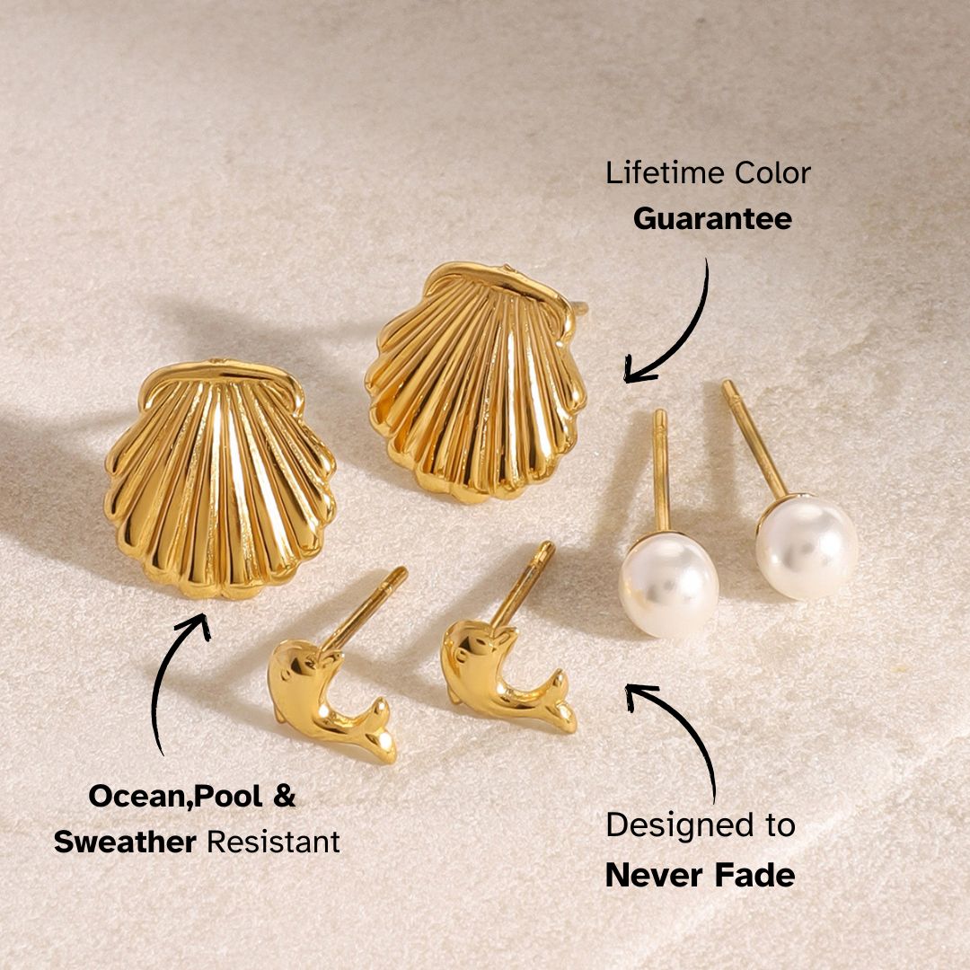 Elena Ocean Melody – Shell, Pearl & Dolphin Trio Earring Set