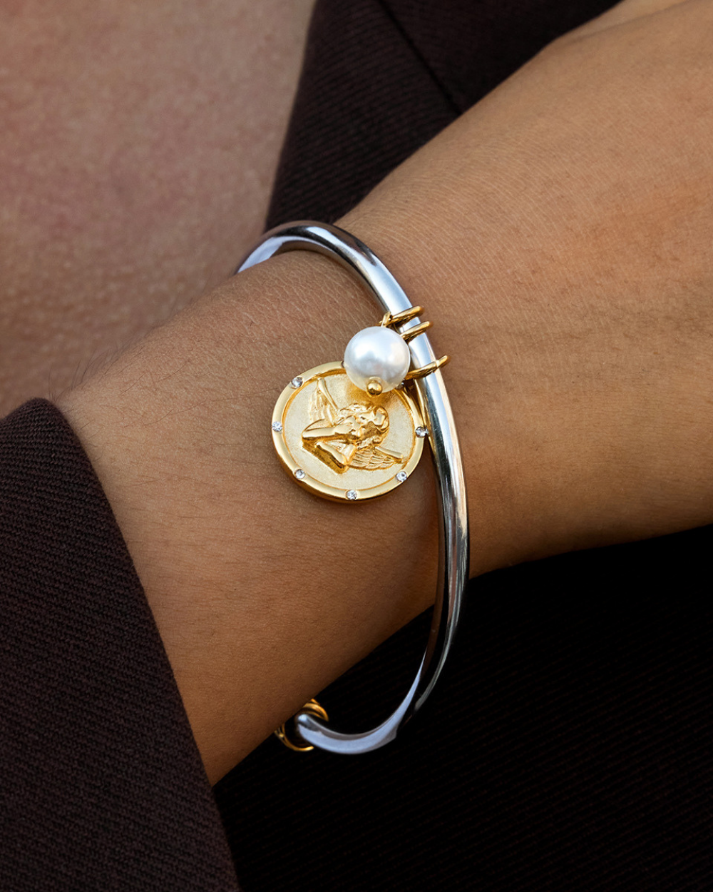 Elena Golden Angel Medallion & Pearl Bangle Bracelet