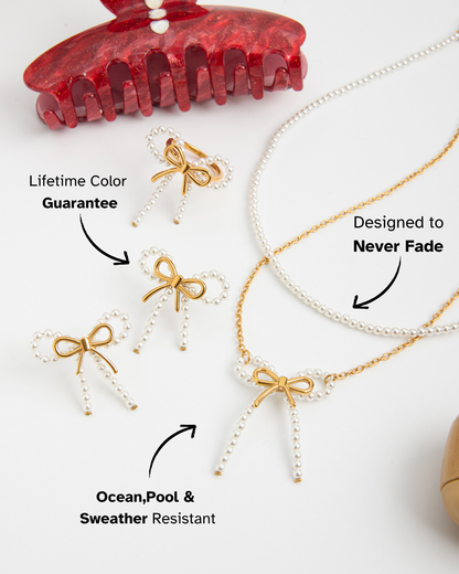 Elena Pearl Bow Double Chain Necklace
