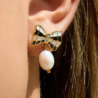 Elena Checkmate Charm Pearl Earrings