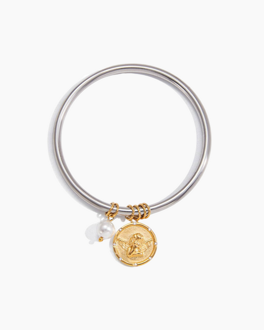 Elena Golden Angel Medallion & Pearl Bangle Bracelet