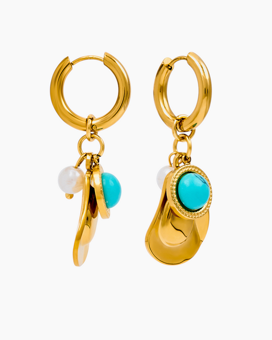 Elena Golden Turquoise & Pearl Charm Hoop Earrings