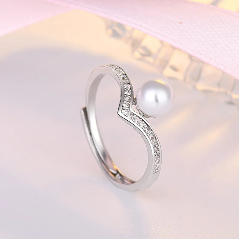 Anillos de perlas a la moda para mujer, joyería de plata 925, piedras preciosas de circón, anillo abierto para dedo, accesorios, regalo de compromiso de boda al por mayor