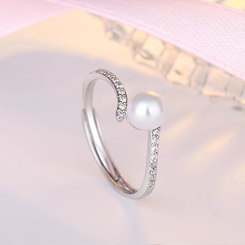Anillos de perlas de moda, joyería de plata 925 con piedras preciosas de circón, anillo abierto para dedo, accesorios finos para regalo de fiesta de compromiso de boda