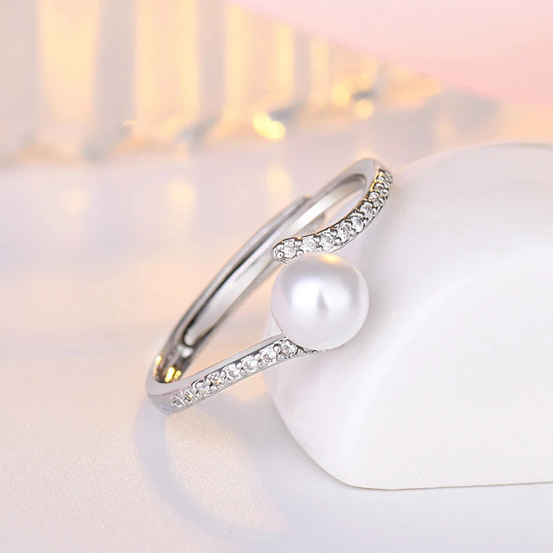 Anillos de perlas de moda, joyería de plata 925 con piedras preciosas de circón, anillo abierto para dedo, accesorios finos para regalo de fiesta de compromiso de boda