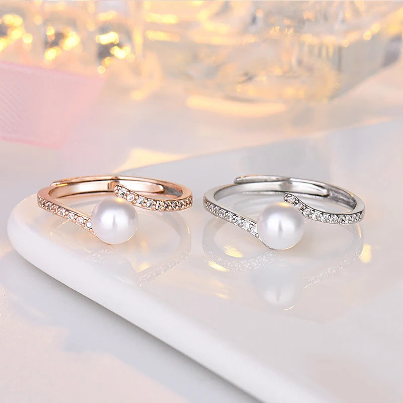 Anillos de perlas de moda, joyería de plata 925 con piedras preciosas de circón, anillo abierto para dedo, accesorios finos para regalo de fiesta de compromiso de boda