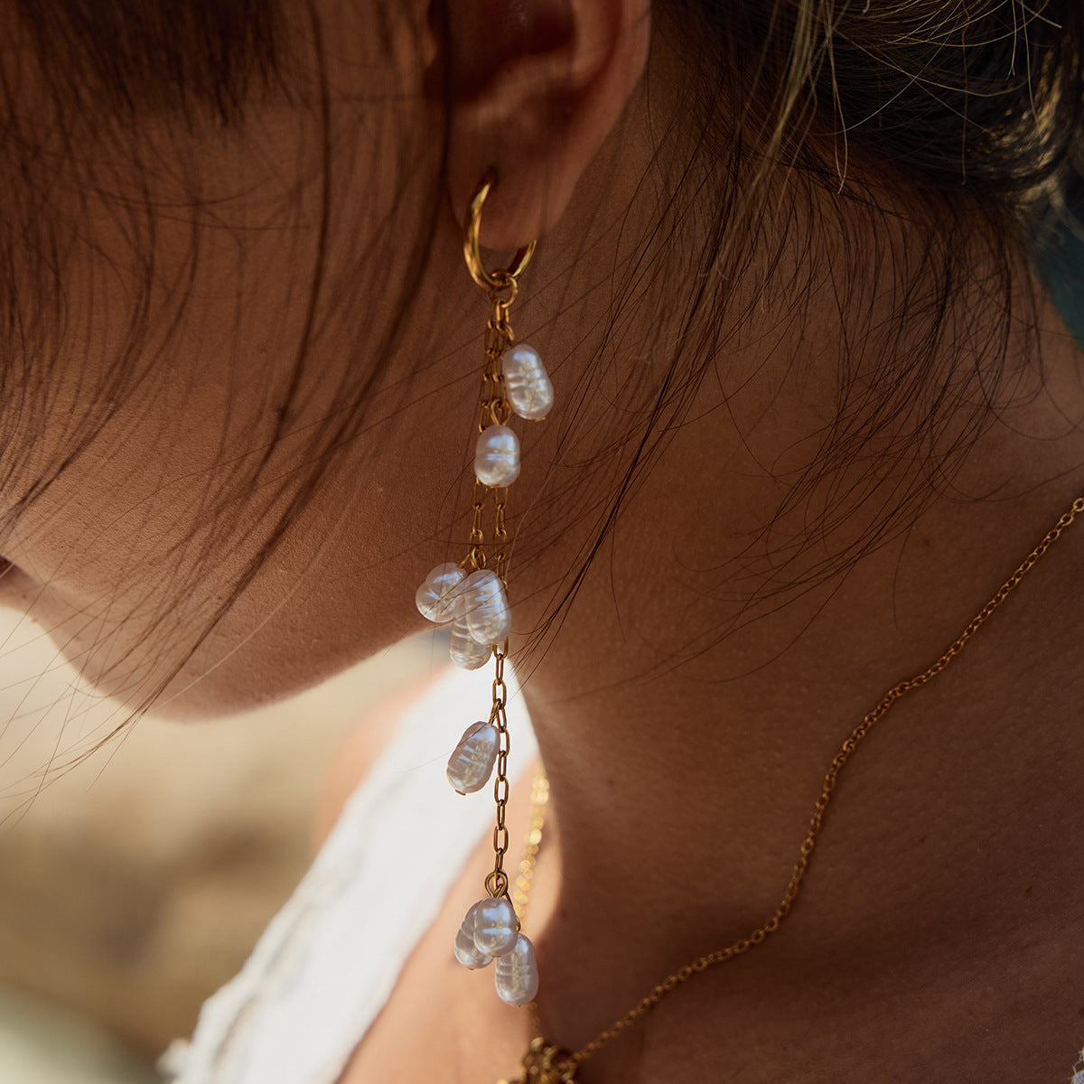 Elena Cascade Pearl Chain Earrings