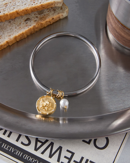 Elena Golden Angel Medallion & Pearl Bangle Bracelet