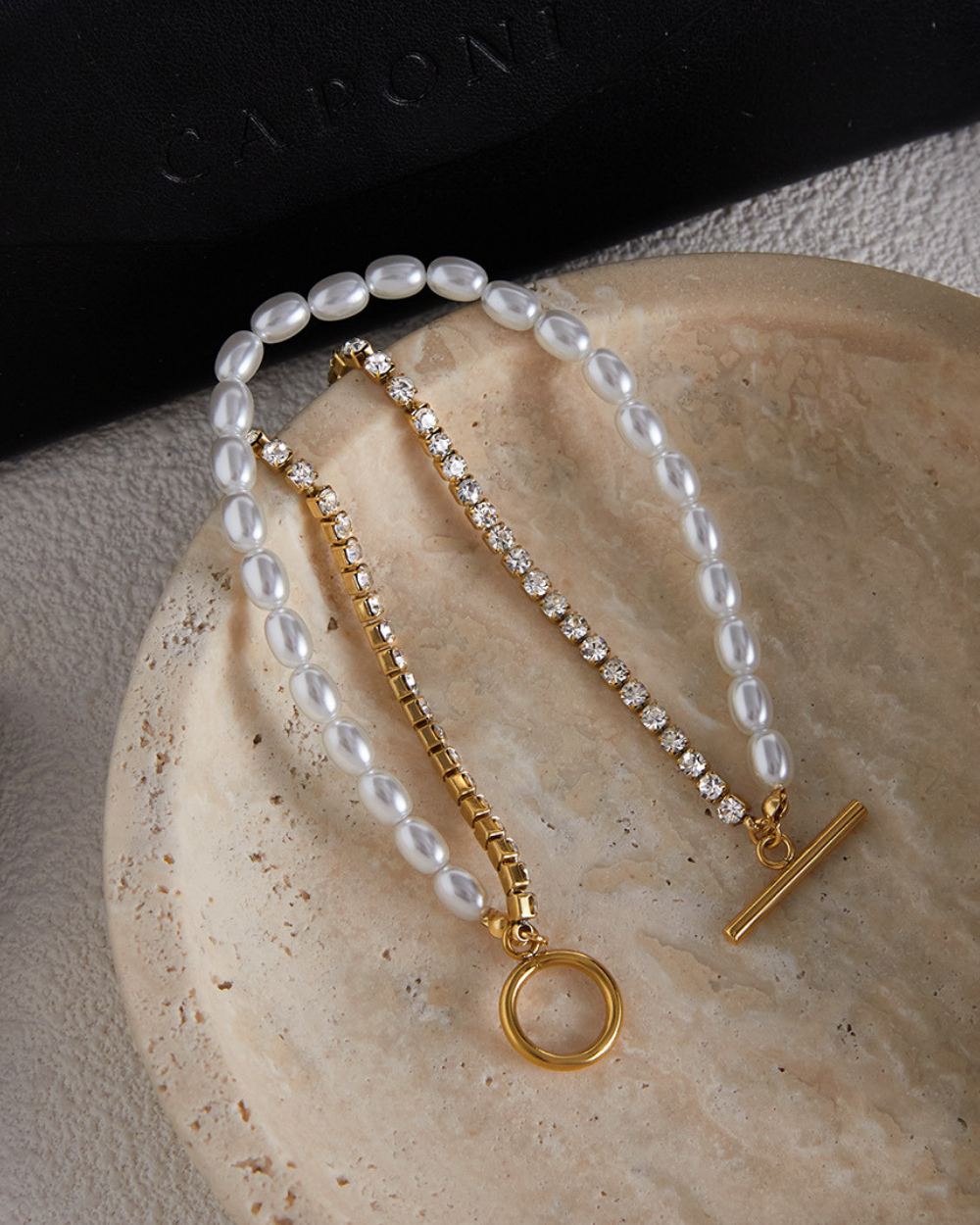 Elena Pearl & Crystal Dual Strand Toggle Bracelet