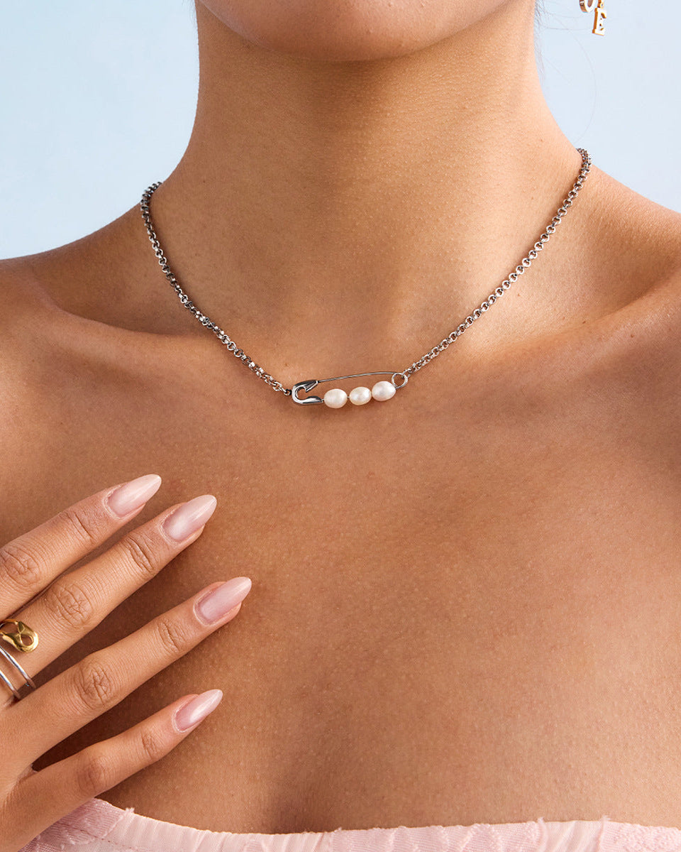 Elena Pearl-Pin Double Chain Necklace