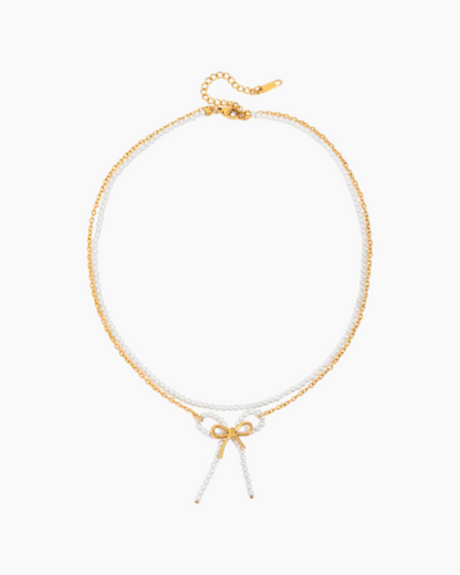 Elena Pearl Bow Double Chain Necklace