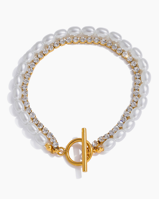 Elena Pearl & Crystal Dual Strand Toggle Bracelet