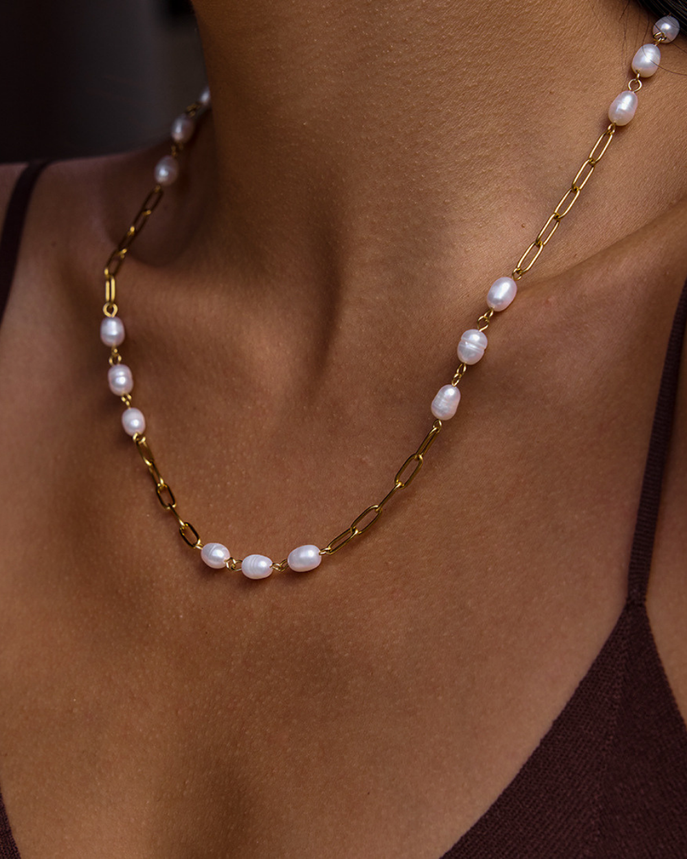 Elena Golden Pearl Link Chain Necklace