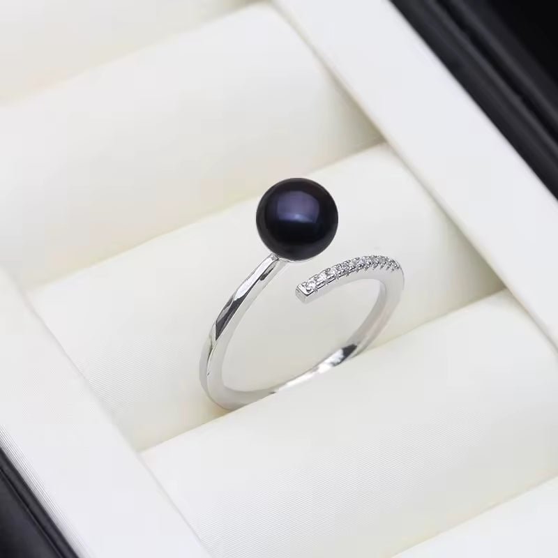 Anillos de perlas de agua dulce genuinas para mujer, anillo de perlas de plata 925 ajustable madre esposa regalo de cumpleaños blanco negro