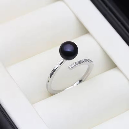 Anillos de perlas de agua dulce genuinas para mujer, anillo de perlas de plata 925 ajustable madre esposa regalo de cumpleaños blanco negro