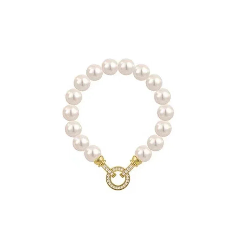 Microconjunto francés elegante con hebilla redonda de circón, pulseras con dijes de perlas de imitación para mujer, conjunto de joyería con carácter, nuevos accesorios