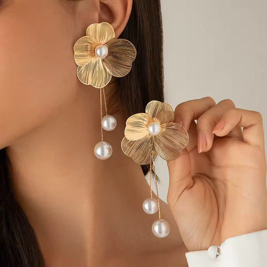 Elena Long Pearl Flower Tassel Earrings