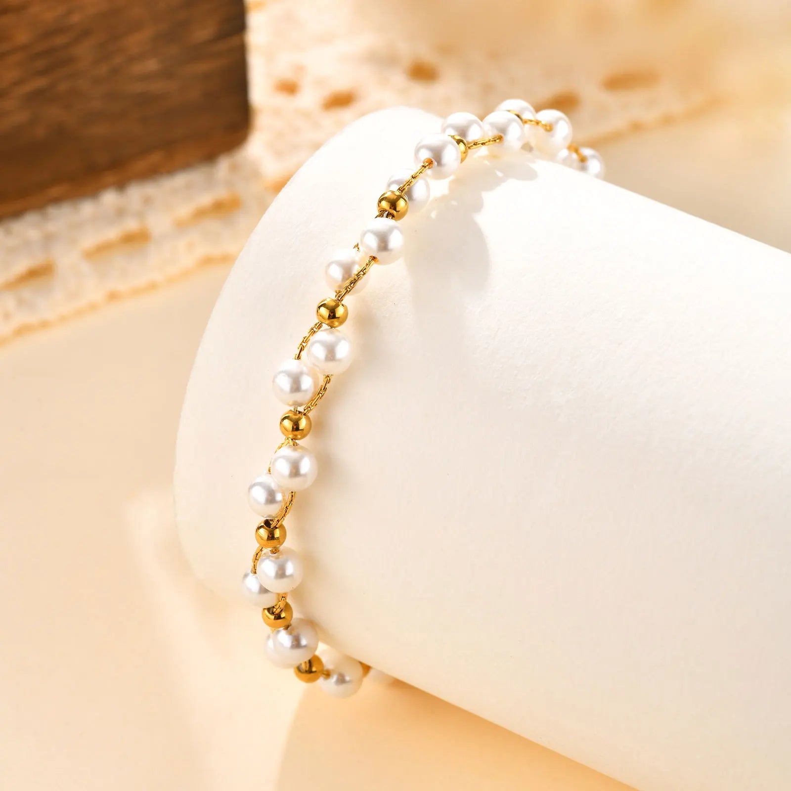 Elegante pulsera con dijes de perlas de imitación para mujer, pulseras de cadena con cuentas de acero inoxidable, regalo de joyería de boda impermeable