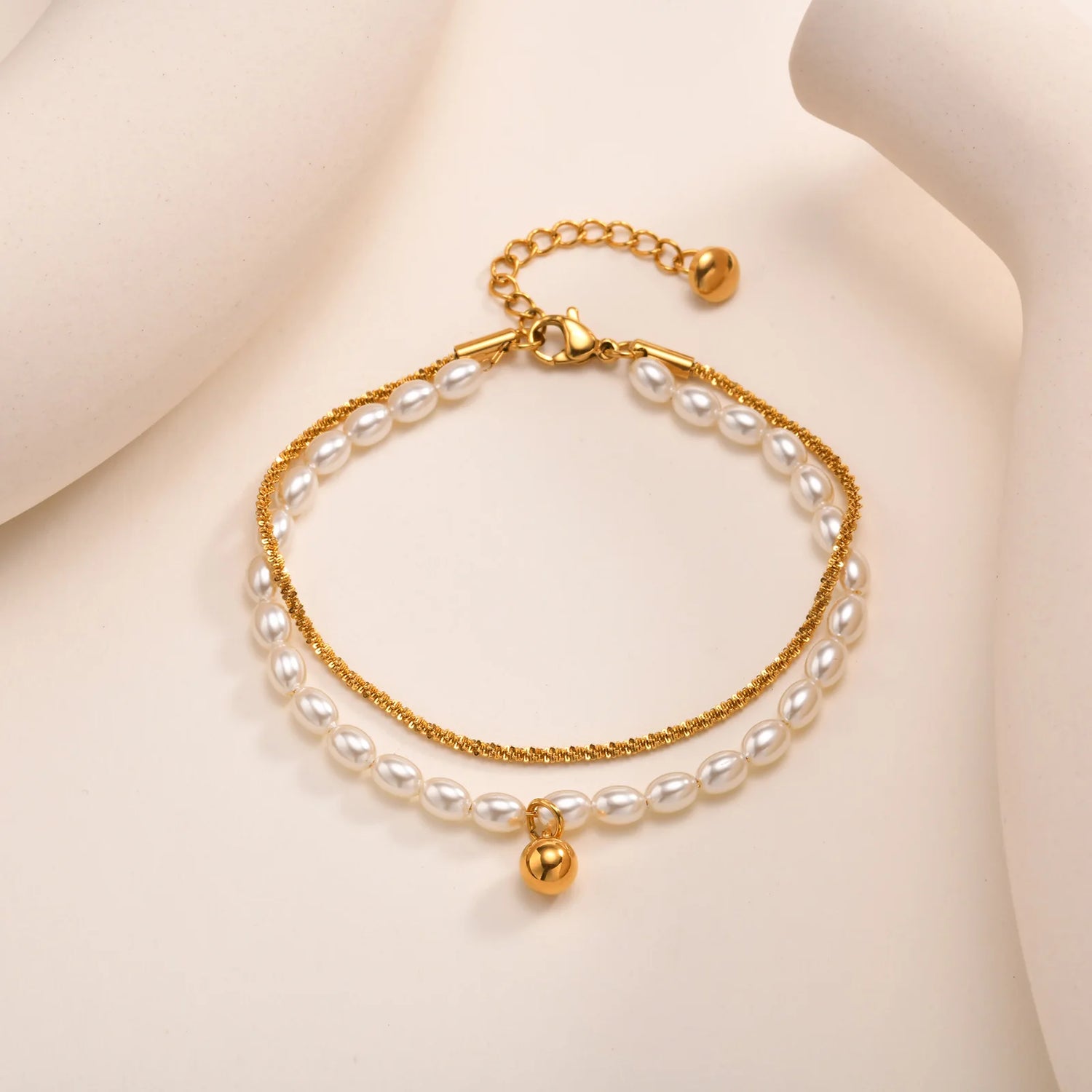 Pulsera apilada de doble capa, cadena de Gypsophila de acero inoxidable, pulseras de bolas de perlas de imitación para mujer, joyería de Color dorado