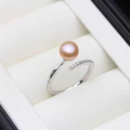 Anillos de perlas de agua dulce genuinas para mujer, anillo de perlas de plata 925 ajustable madre esposa regalo de cumpleaños blanco negro