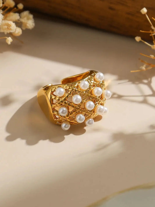 Anillo geométrico hueco de perla de imitación chapado en oro de 18k de acero inoxidable para mujer, anillo abierto francés con temperamento, regalo de joyería para uso diario