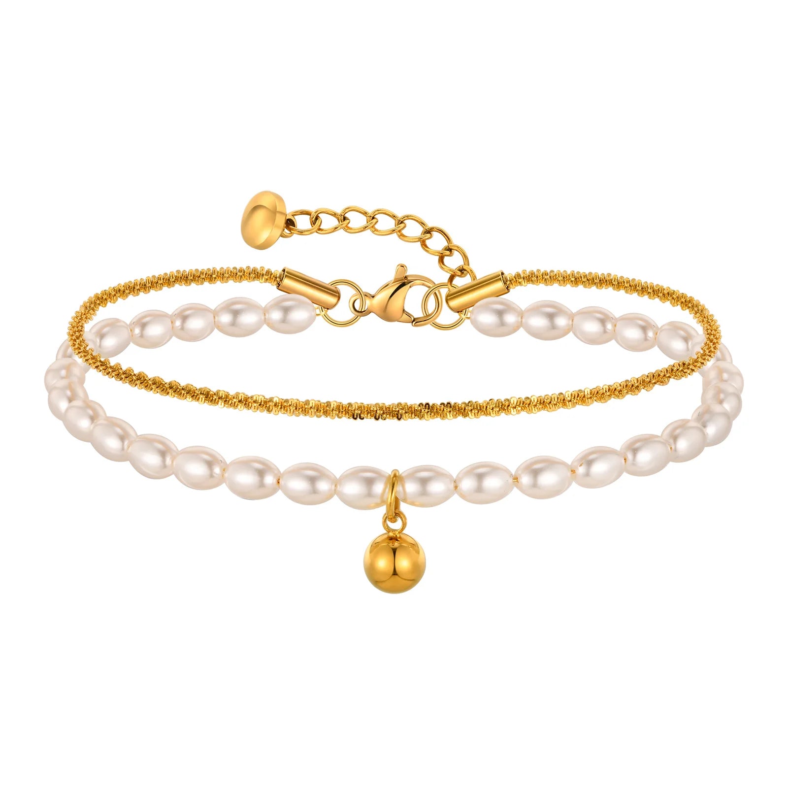 Pulsera apilada de doble capa, cadena de Gypsophila de acero inoxidable, pulseras de bolas de perlas de imitación para mujer, joyería de Color dorado