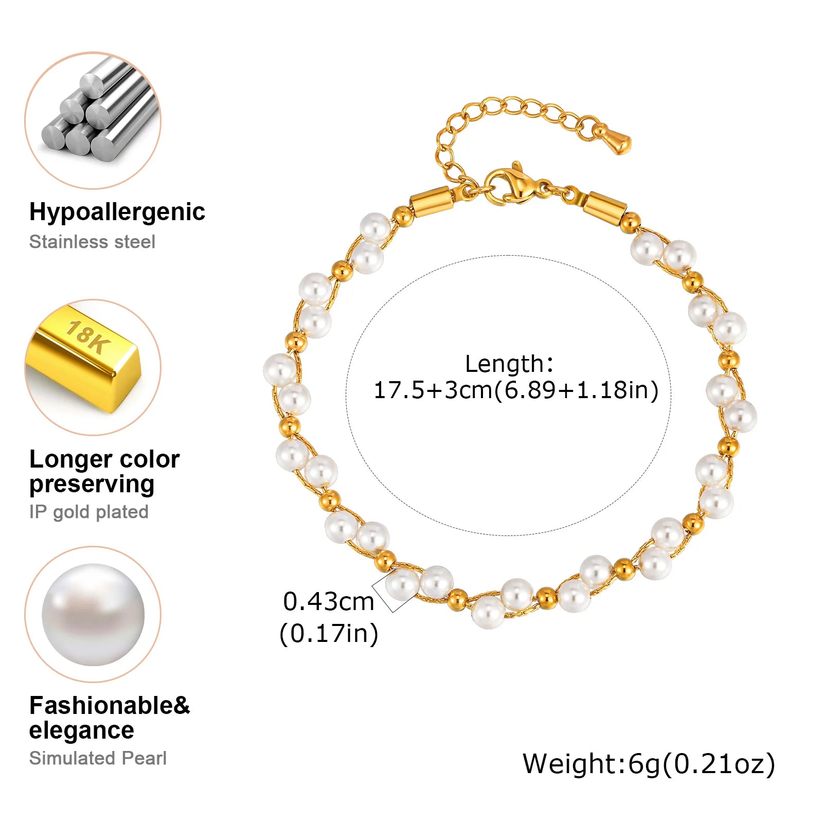 Elegante pulsera con dijes de perlas de imitación para mujer, pulseras de cadena con cuentas de acero inoxidable, regalo de joyería de boda impermeable
