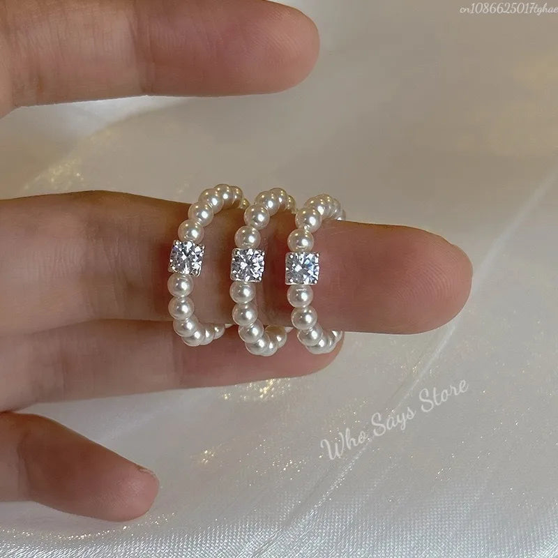 Anillos de perlas de imitación de circón Vintage francés para mujer, elegante anillo elástico con cuentas, regalo de joyería de boda para fiesta de lujo