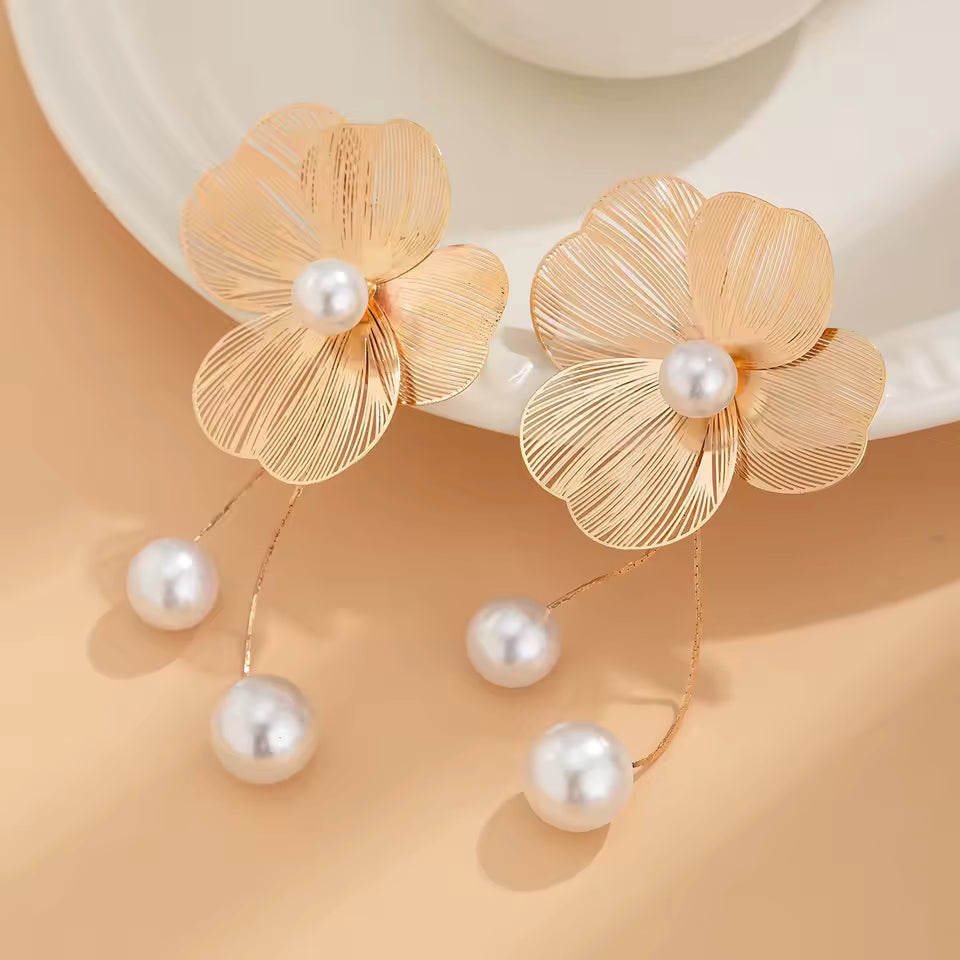 Elena Long Pearl Flower Tassel Earrings