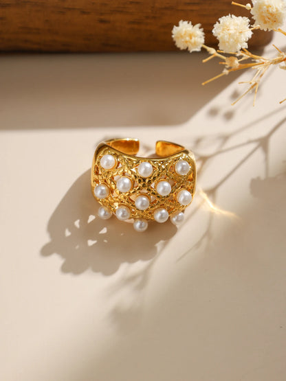 Anillo geométrico hueco de perla de imitación chapado en oro de 18k de acero inoxidable para mujer, anillo abierto francés con temperamento, regalo de joyería para uso diario