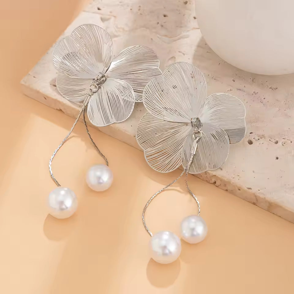 Elena Long Pearl Flower Tassel Earrings