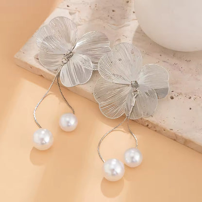Elena Long Pearl Flower Tassel Earrings