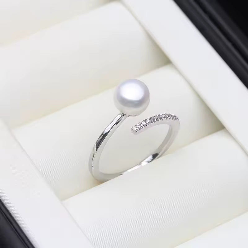 Anillos de perlas de agua dulce genuinas para mujer, anillo de perlas de plata 925 ajustable madre esposa regalo de cumpleaños blanco negro